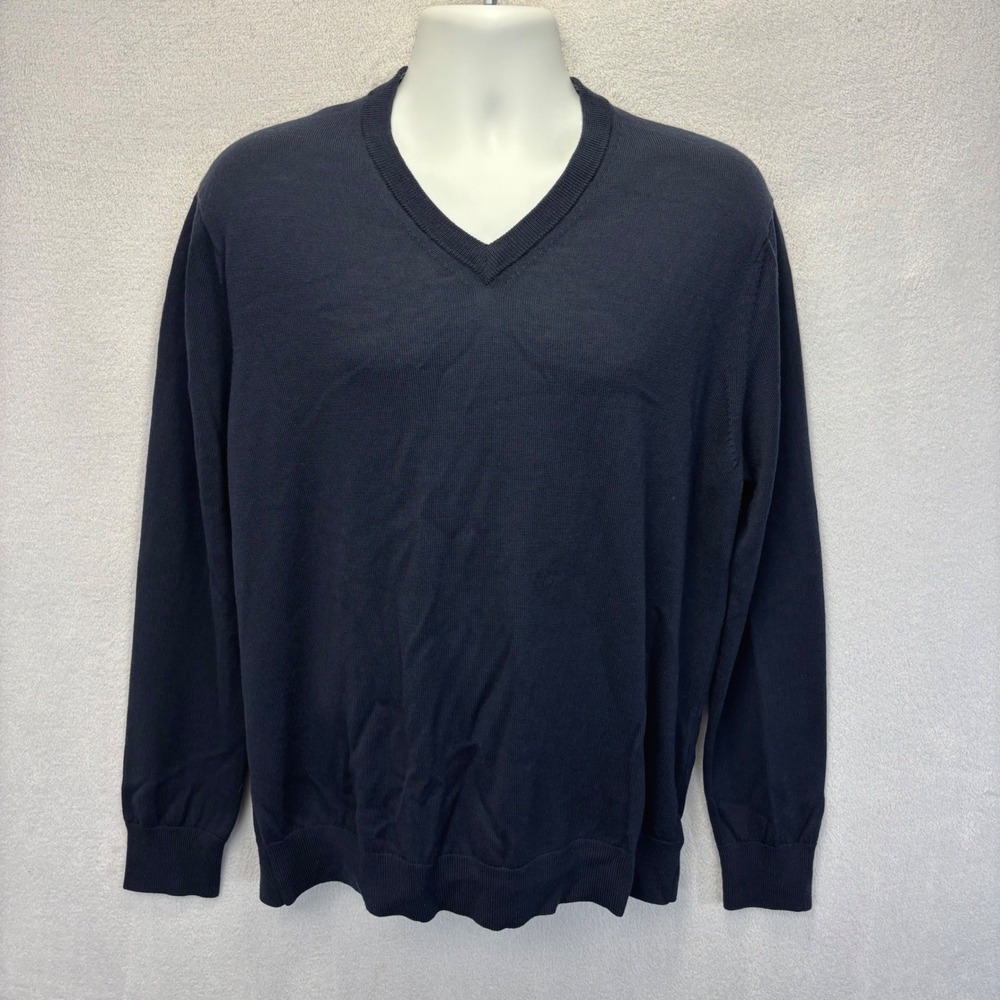 UNTUCKit 100% Merino Wool Zeppelin Sweater Mens Large Navy Blue V-Neck Preppy